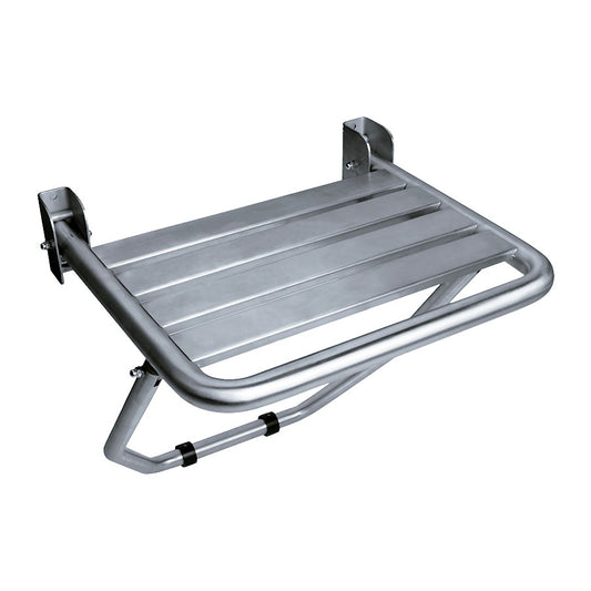 Hospeco Mediclinics stainless steel folding shower seat with floor support for accessible bathrooms.