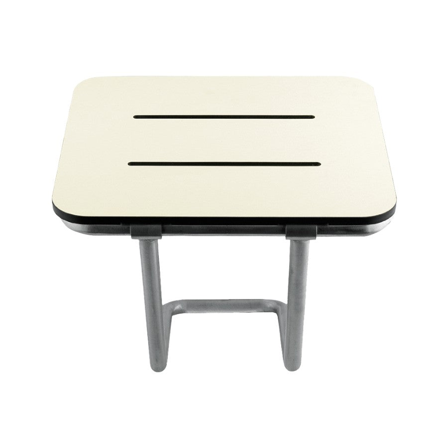 Hospeco Mediclinics folding shower seat with a white phenolic panel and satin stainless steel wall support frame.