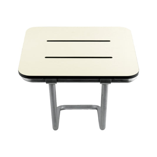 Hospeco Mediclinics folding shower seat with a white phenolic panel and satin stainless steel wall support frame.