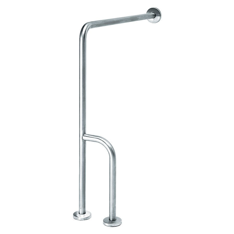 Hospeco Mediclinics left-side stainless steel wall-floor grab bar with L-shaped design for bathroom accessibility.