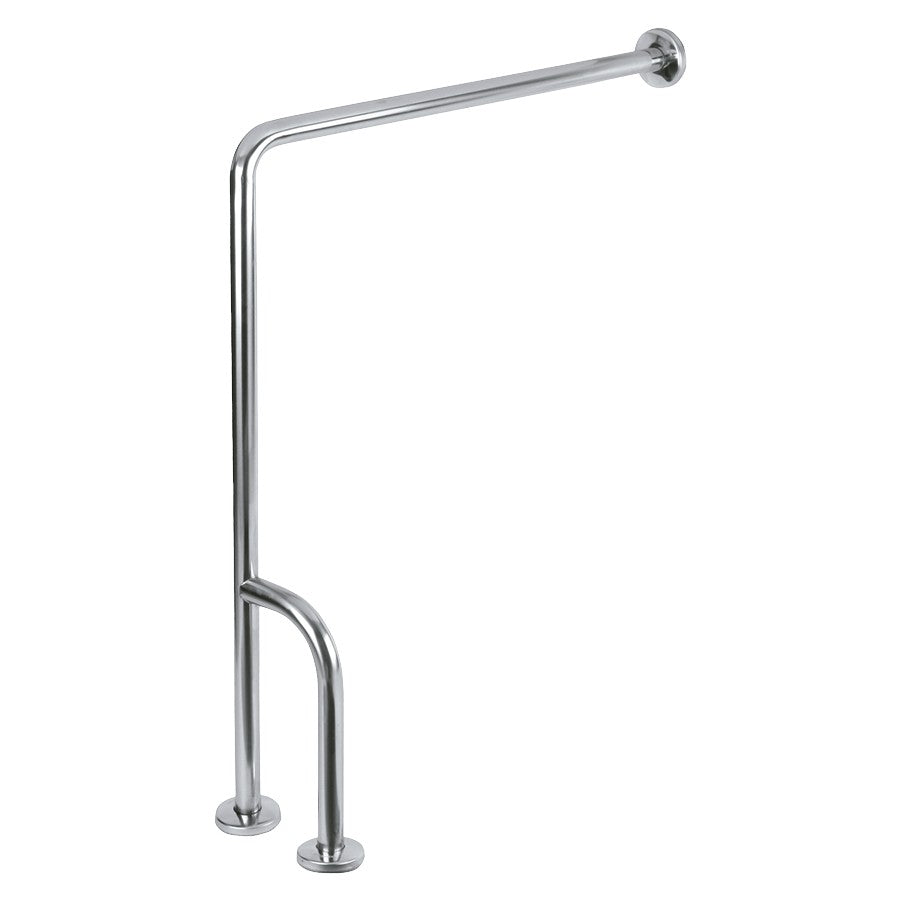 Hospeco Mediclinics stainless steel L-shaped left-side wall-floor grab bar for accessible bathroom safety.