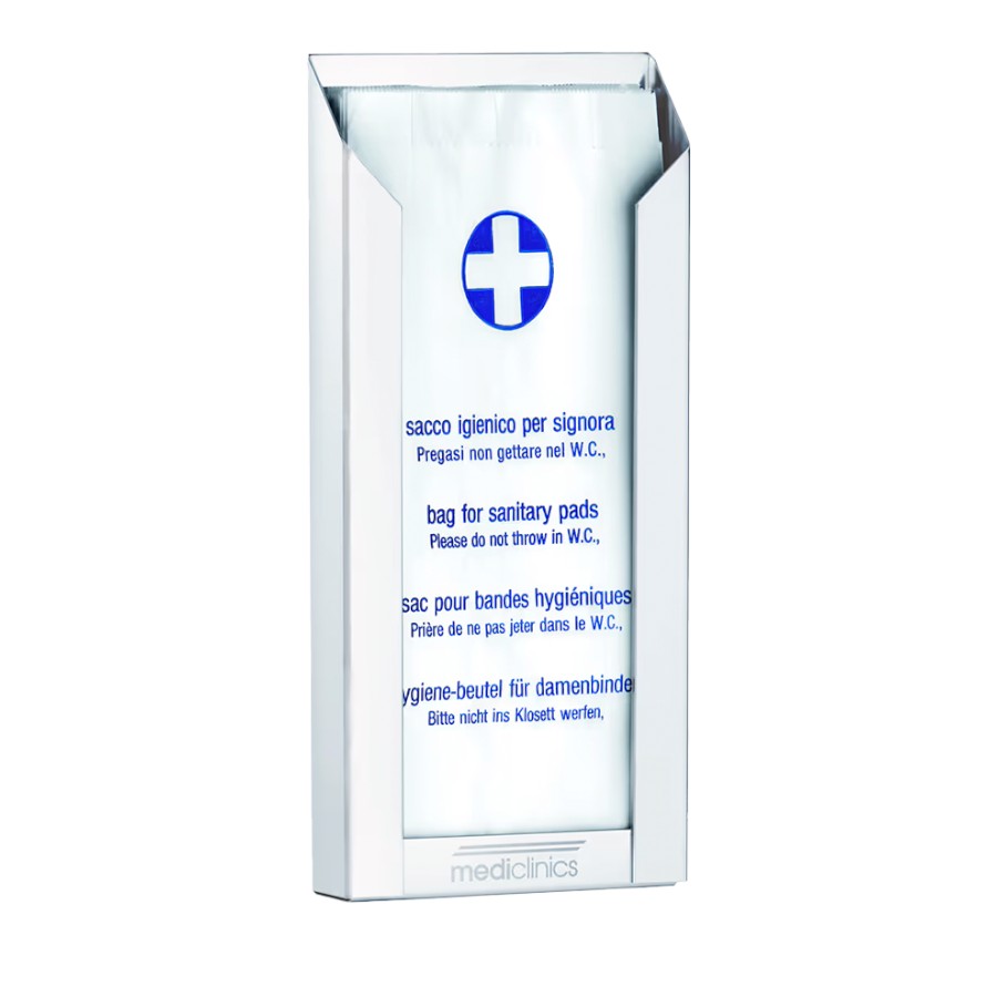 Hospeco Mediclinics white metal sanitary bag dispenser with blue cross logo and multilingual instructions
