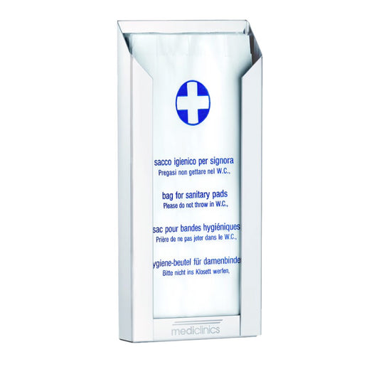 Hospeco Mediclinics white metal sanitary bag dispenser with blue cross logo and multilingual instructions