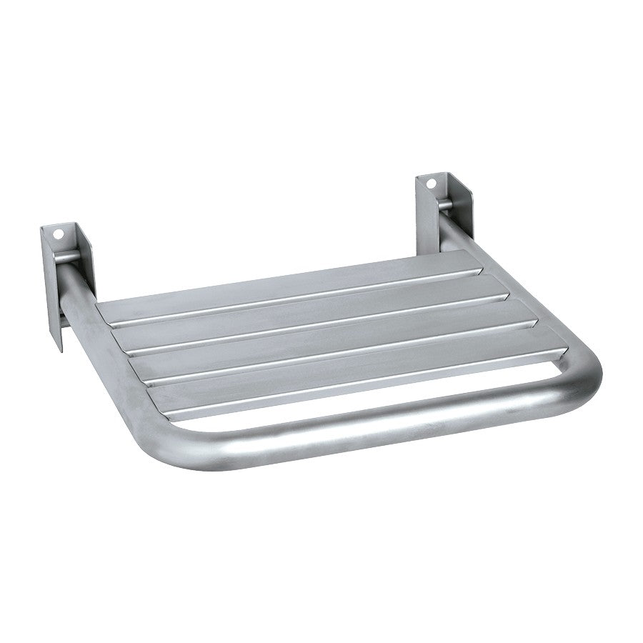 Hospeco Mediclinics stainless steel folding shower seat for barrier-free bathrooms with a satin finish.