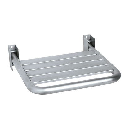 Hospeco Mediclinics stainless steel folding shower seat for barrier-free bathrooms with a satin finish.