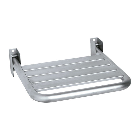 Hospeco Mediclinics stainless steel folding shower seat for barrier-free bathrooms with a satin finish.