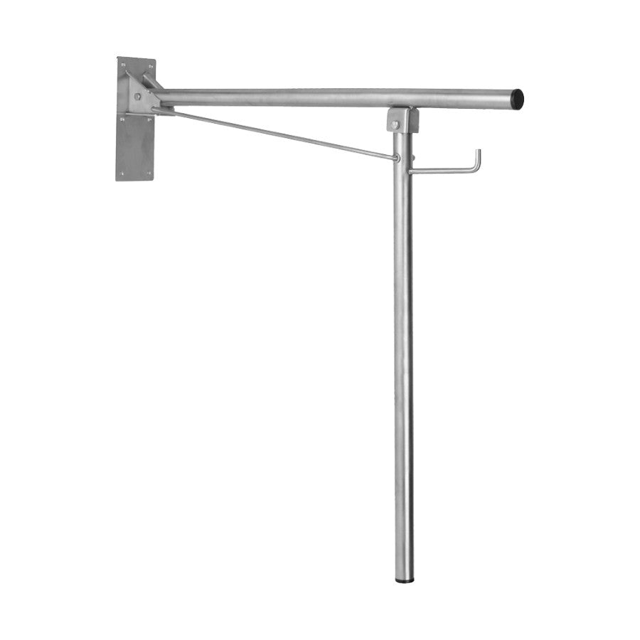 Hospeco Mediclinics stainless steel drop-down grab bar with foldable support leg and integrated toilet paper holder.