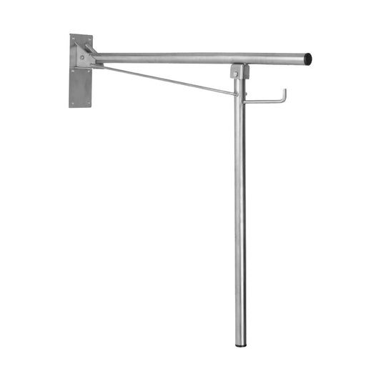 Hospeco Mediclinics stainless steel drop-down grab bar with foldable support leg and integrated toilet paper holder.