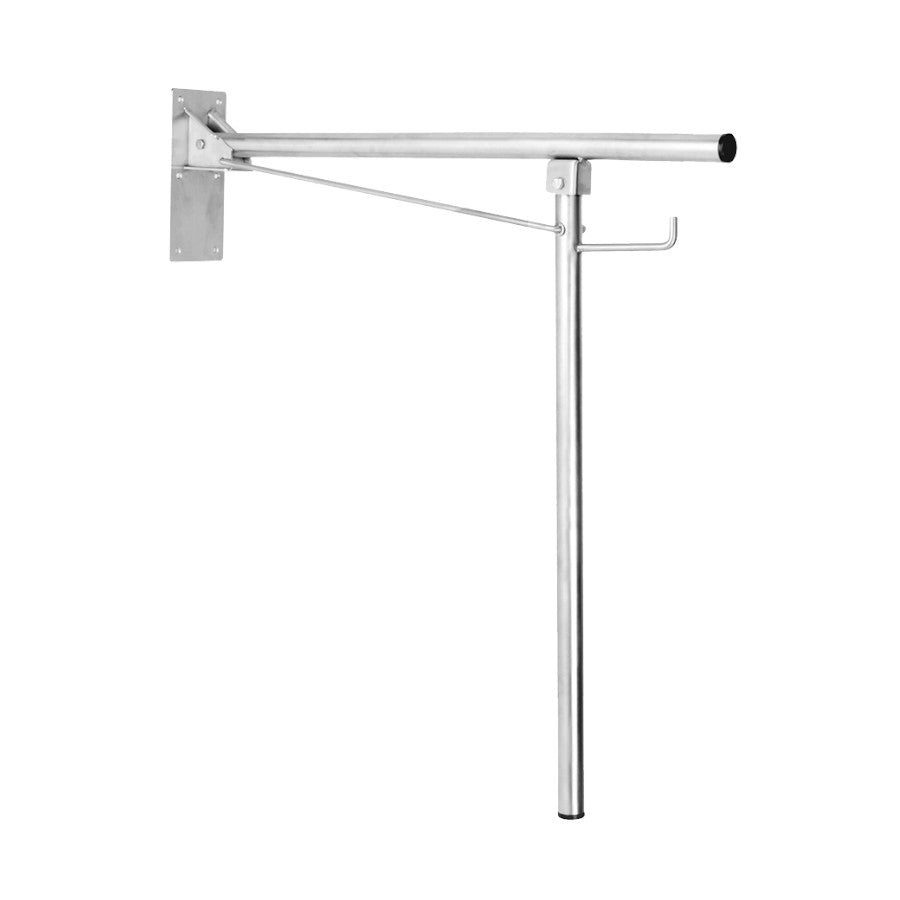 Hospeco Mediclinics stainless steel drop-down grab bar with floor-supported leg and integrated toilet paper holder.