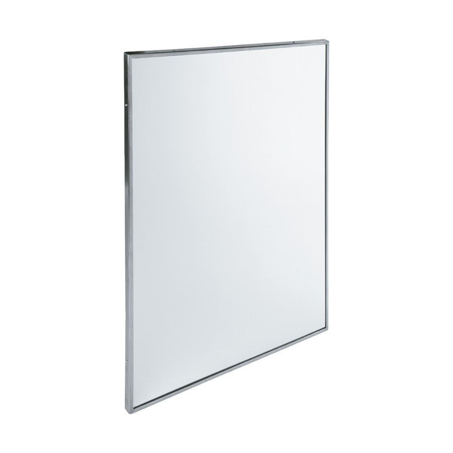 Hospeco Mediclinics 800x600mm fixed wall mirror with a durable satin finish stainless steel frame for washrooms.