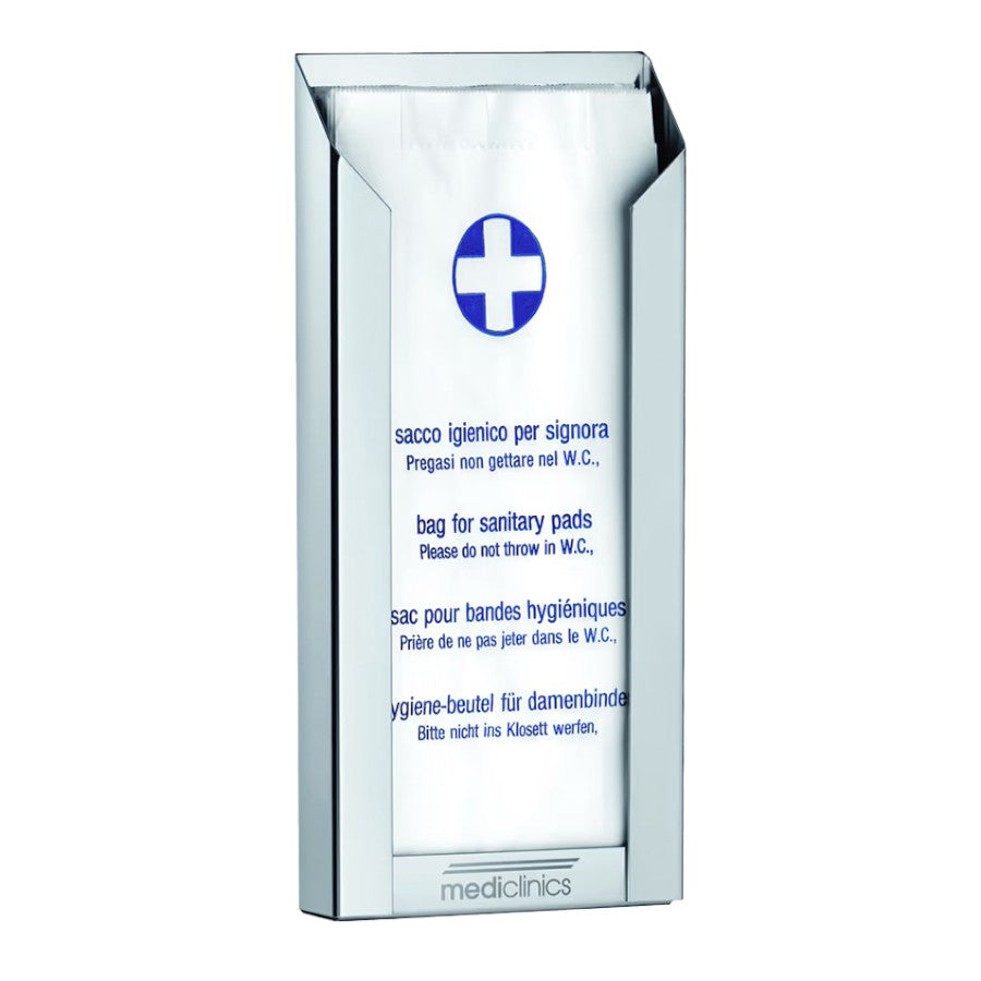 Hospeco Mediclinics stainless steel sanitary bag dispenser with multi-language instructional text and blue cross logo.