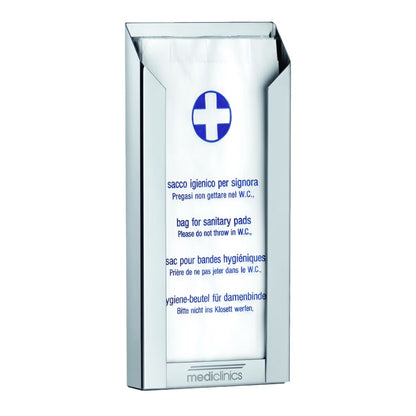 Hospeco Mediclinics stainless steel sanitary bag dispenser with multi-language instructional text and blue cross logo.