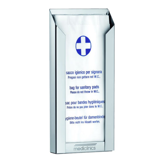Hospeco Mediclinics stainless steel sanitary bag dispenser with multi-language instructional text and blue cross logo.