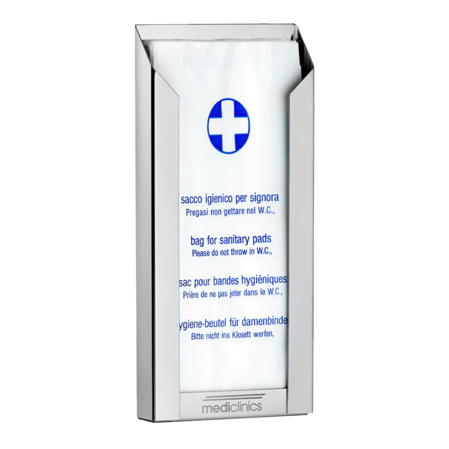 Hospeco Mediclinics stainless steel sanitary bag dispenser with multi-language disposal instructions