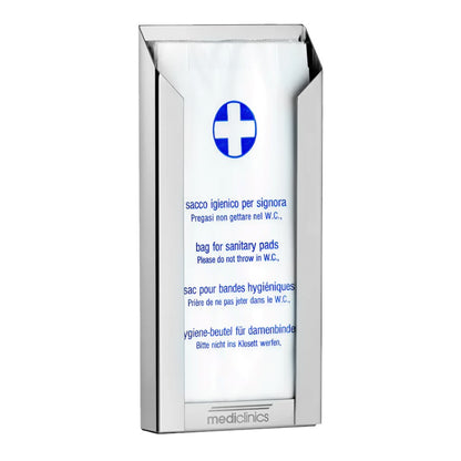 Hospeco Mediclinics stainless steel sanitary bag dispenser with multi-language disposal instructions