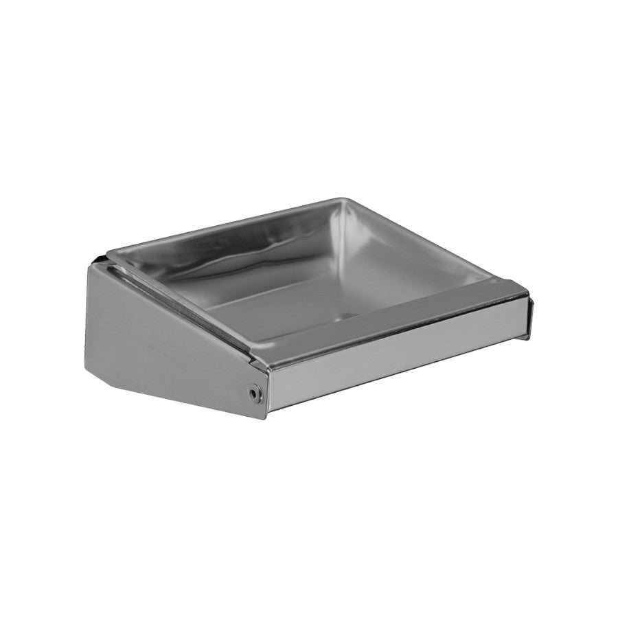Hospeco Mediclinics wall-mounted stainless steel ashtray with a satin finish and tilting receptacle for public areas.