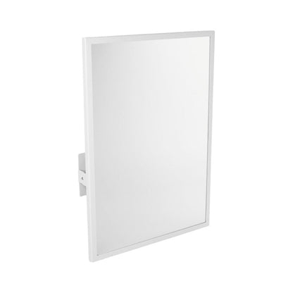 Hospeco Mediclinics white tilted mirror for accessible washrooms with a durable stainless steel frame.