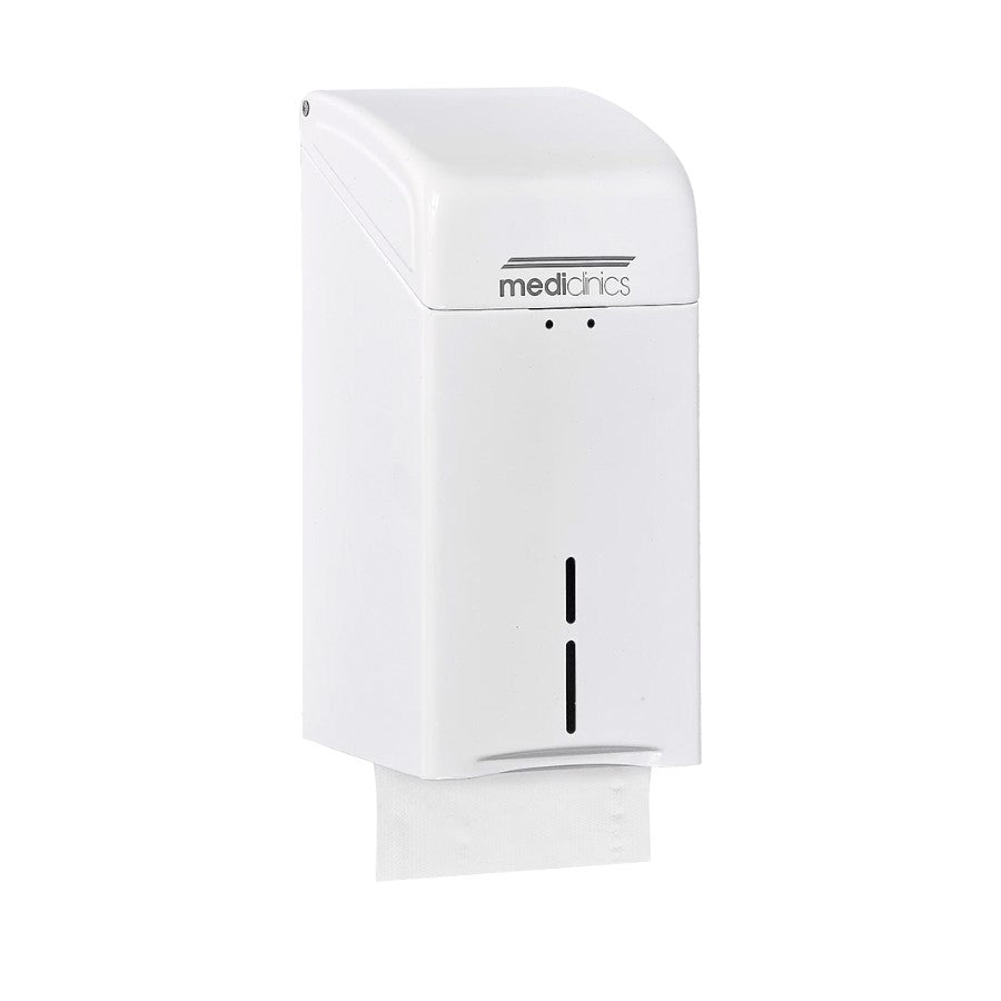 Hospeco Mediclinics wall-mounted white steel folded tissue paper dispenser with 400 sheet capacity and front viewer.