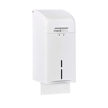 Hospeco Mediclinics wall-mounted white steel folded tissue paper dispenser with 400 sheet capacity and front viewer.
