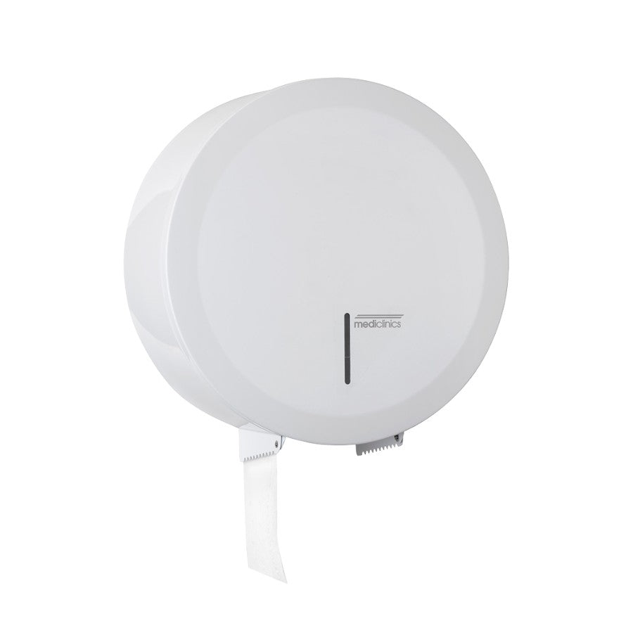 Hospeco Mediclinics circular white toilet paper dispenser for high-traffic washrooms with a content level viewer