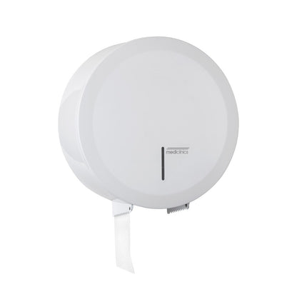 Hospeco Mediclinics circular white toilet paper dispenser for high-traffic washrooms with a content level viewer