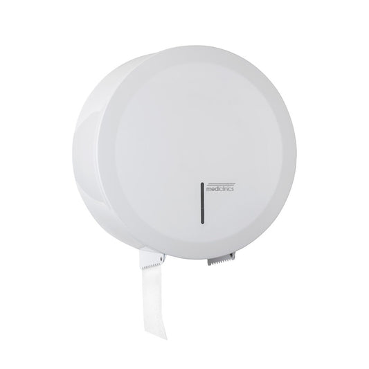 Hospeco Mediclinics circular white toilet paper dispenser for high-traffic washrooms with a content level viewer