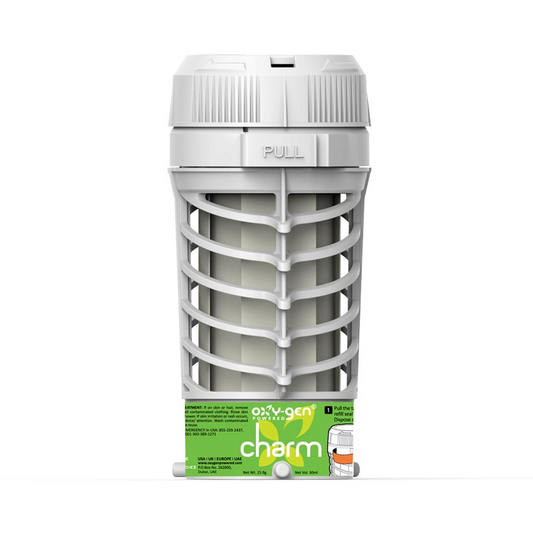 Hospeco Oxy-Gen Powered Viva E and Shield Charm fragrance refill cartridge for continuous odour neutralisation