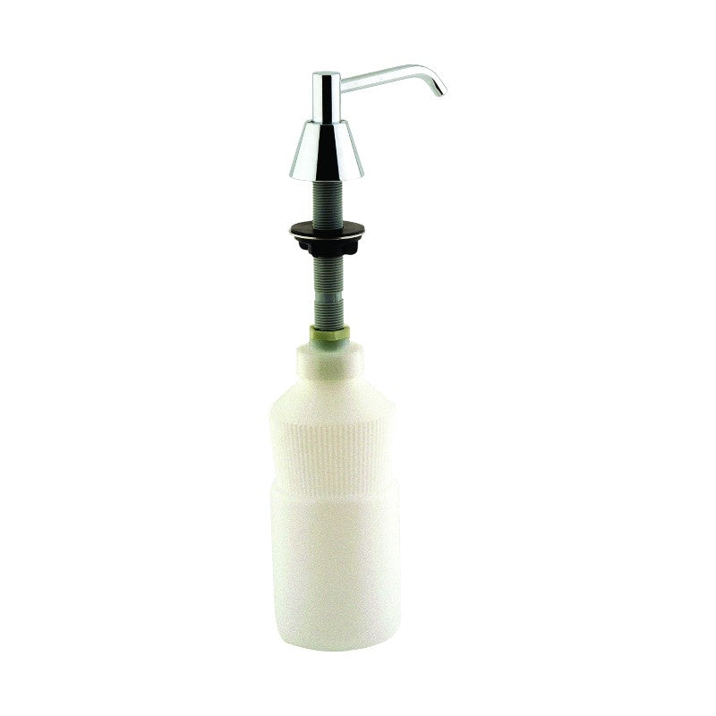 Hospeco recessed push-button soap dispenser with a chrome-plated brass pump and a 0.95L white plastic bottle.