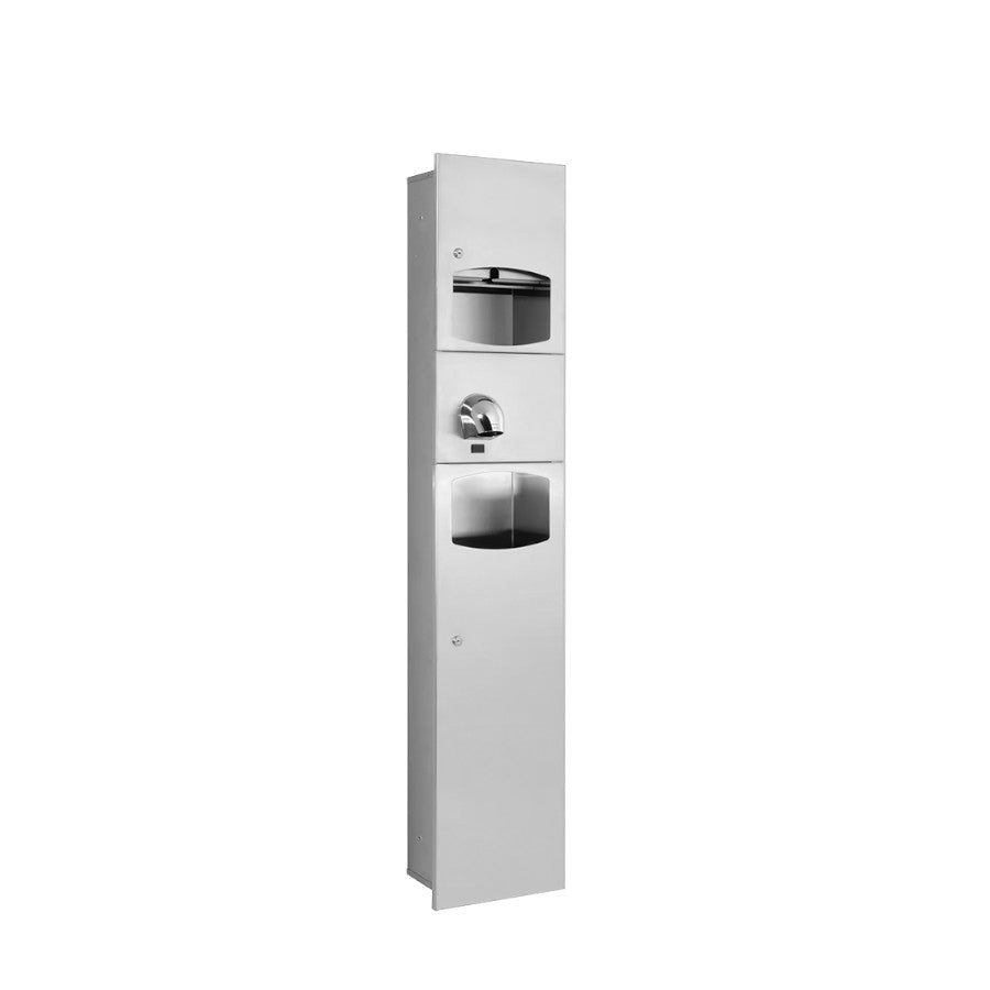 Hospeco 3-in-1 recessed stainless steel cabinet featuring a paper towel dispenser, automatic hand dryer, and waste bin.