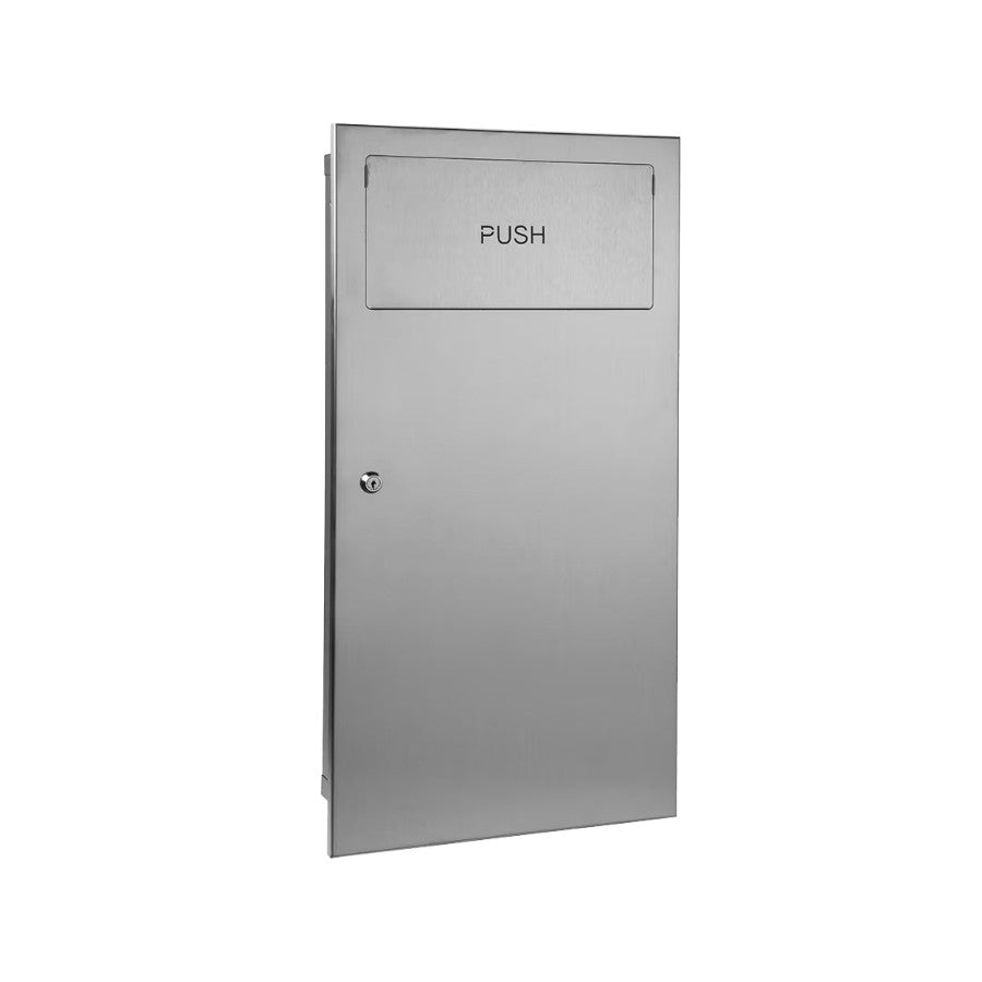 Hospeco recessed 14.2L satin stainless steel paper bin with self-closing push lid for public restrooms.