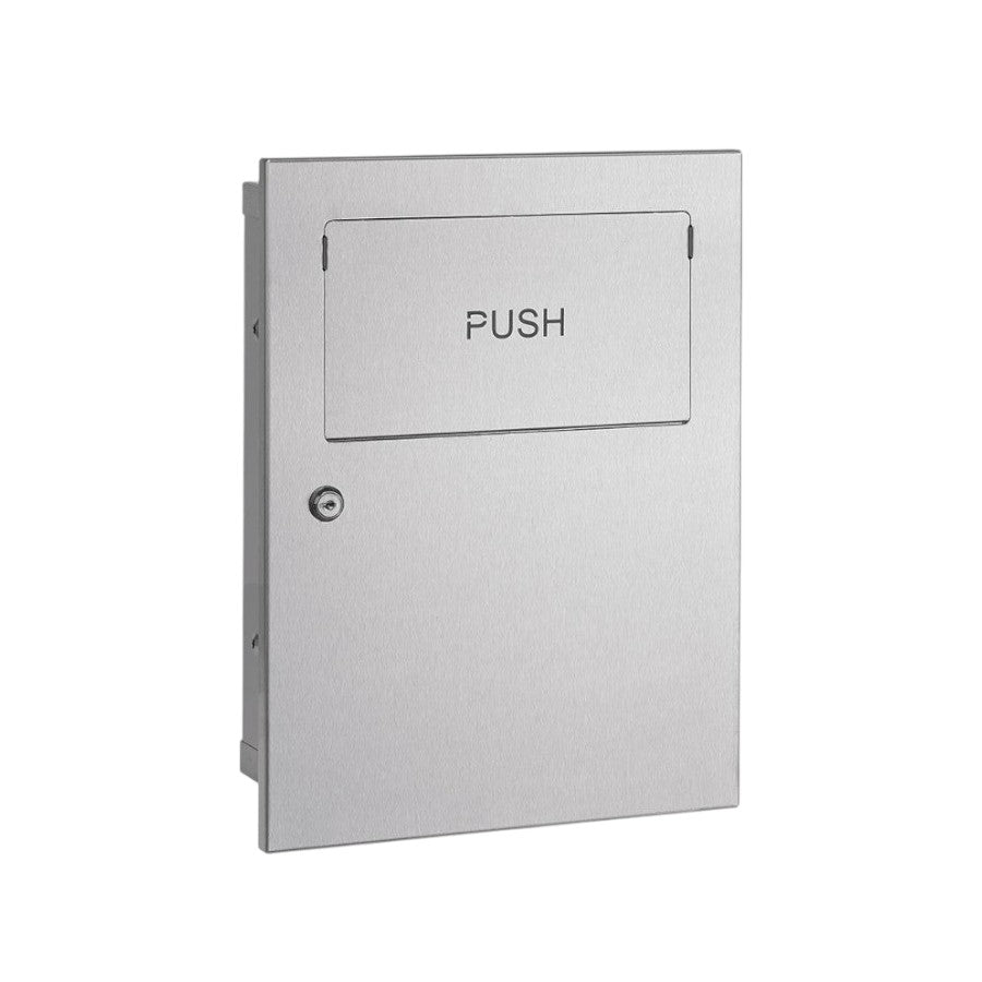 Hospeco recessed 5.4L satin stainless steel paper bin with a self-return push lid and keyed cylinder lock.