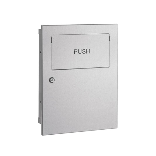 Hospeco recessed 5.4L satin stainless steel paper bin with a self-return push lid and keyed cylinder lock.