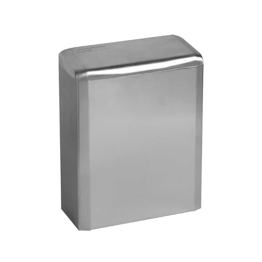 Hospeco 6L satin stainless steel sanitary napkin disposal bin with a durable, vandal-resistant design.