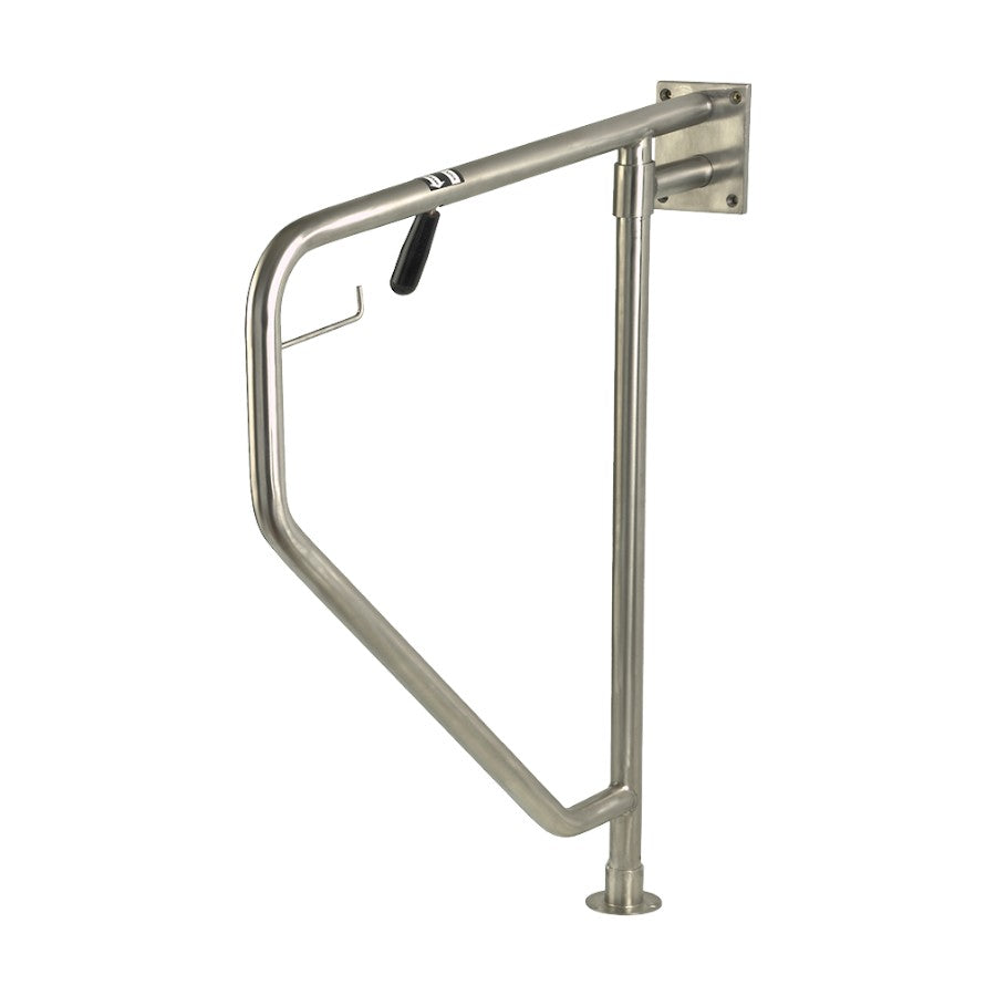 Hospeco satin stainless steel trapezoidal folding grab bar with floor support and integrated paper roll holder.