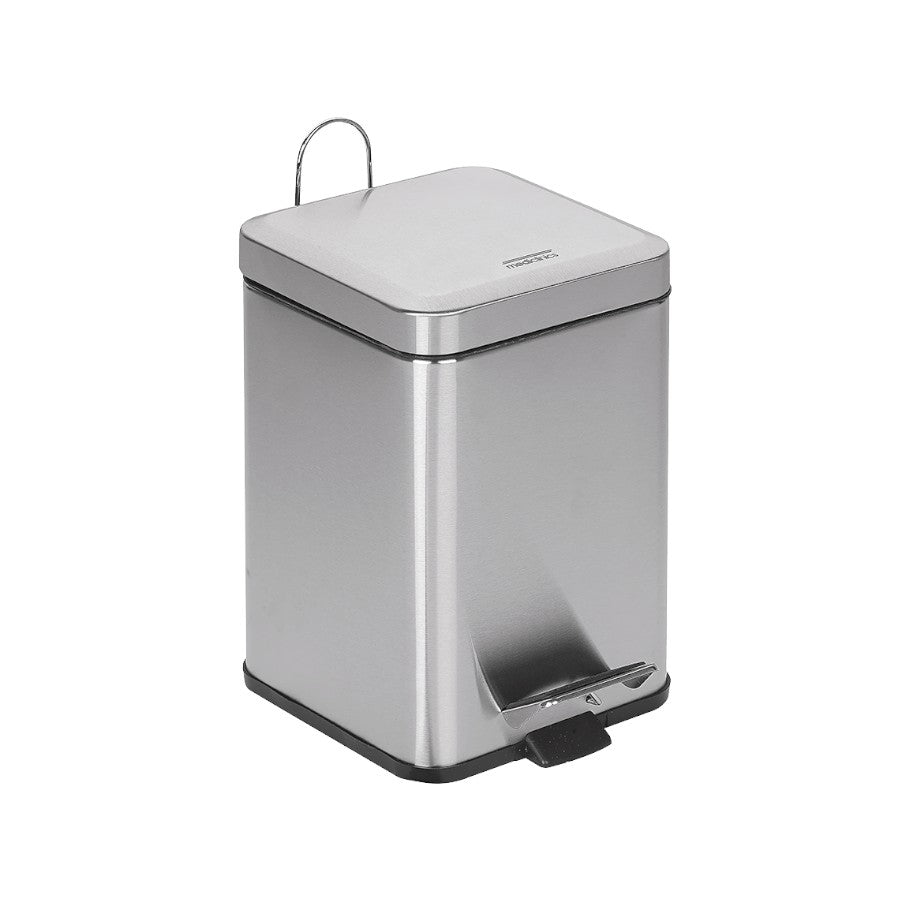 Hospeco 6L square pedal bin in satin stainless steel with a hands-free foot pedal for sanitary waste disposal.