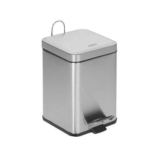 Hospeco 6L square pedal bin in satin stainless steel with a hands-free foot pedal for sanitary waste disposal.