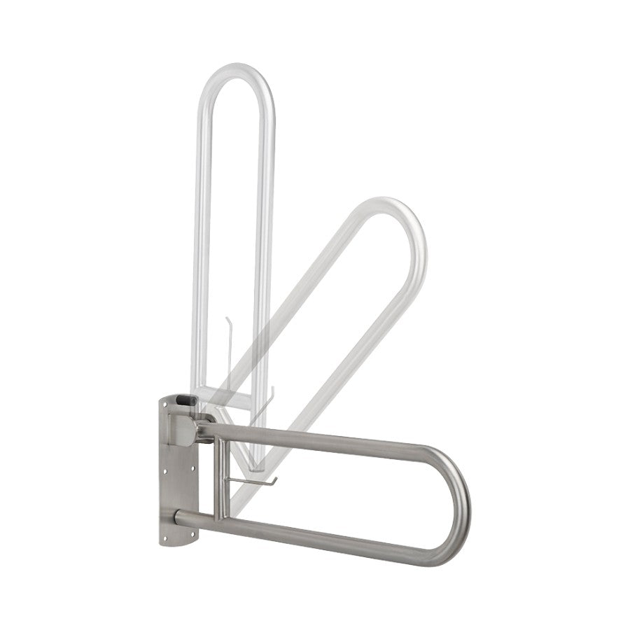 Hospeco satin finish swing-up grab bar with integrated toilet roll holder and progressive brake system for safety.