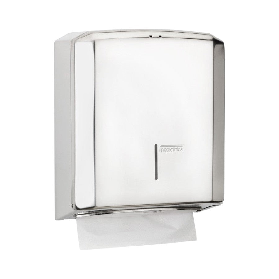 Hospeco stainless steel manual paper towel dispenser for C/Z folded towels with a secure locking mechanism.
