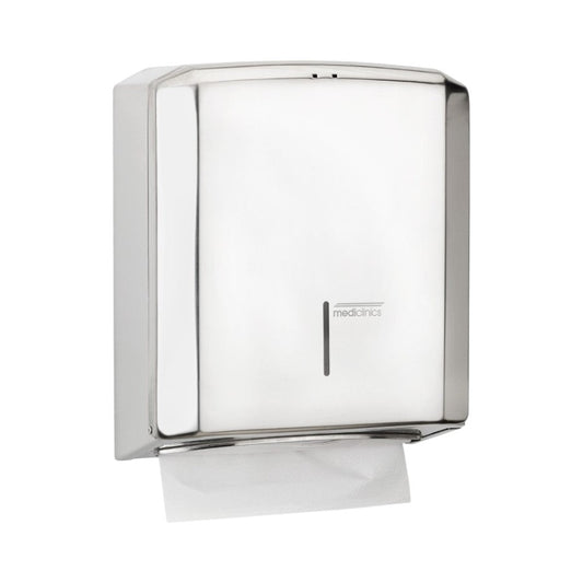 Hospeco stainless steel manual paper towel dispenser for C/Z folded towels with a secure locking mechanism.
