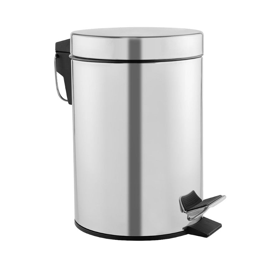 Hospeco 20L bright stainless steel pedal bin with a silent closing lid and sturdy carrying handle.