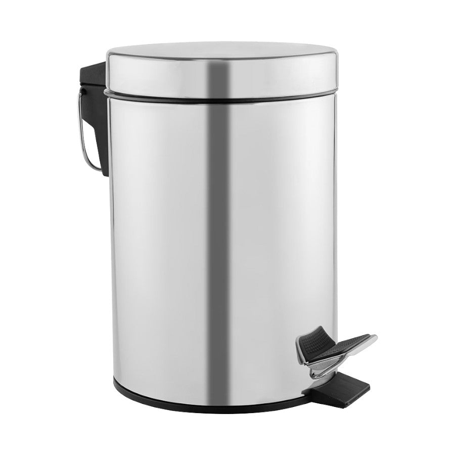 Hospeco 5L bright stainless steel pedal bin with a silent closing lid and sturdy carrying handle for washrooms.