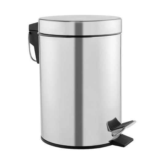 Hospeco 5L bright stainless steel pedal bin with a silent closing lid and sturdy carrying handle for washrooms.