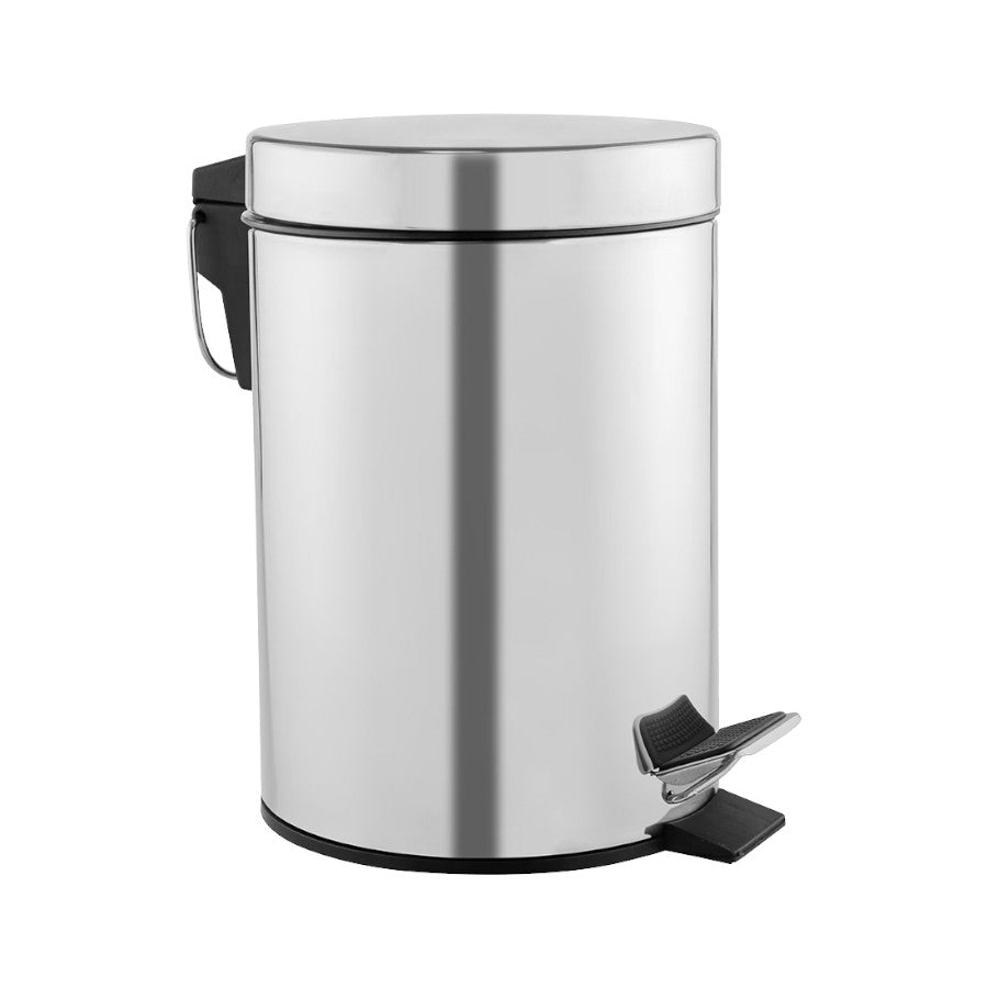 Hospeco 12L bright stainless steel pedal bin with a silent closing lid and sturdy carrying handle.