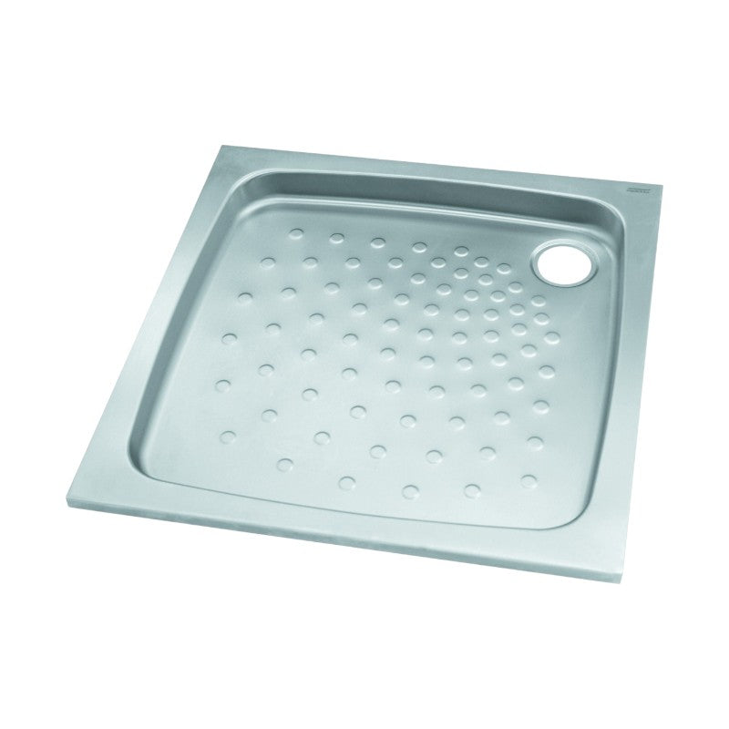 Hospeco 800x800mm square shower tray in satin finish AISI 304 stainless steel with anti-slip patterned foot area.