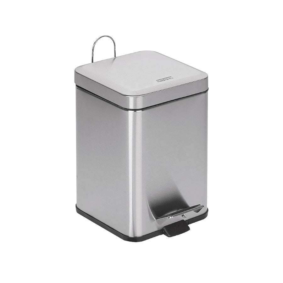 Hospeco 14.5L square stainless steel pedal bin with a hands-free lid, carrying handle, and anti-skid base.