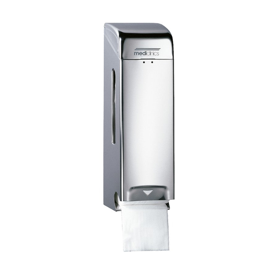 Hospeco stainless steel 3-roll toilet paper dispenser with a bright finish for public washrooms.