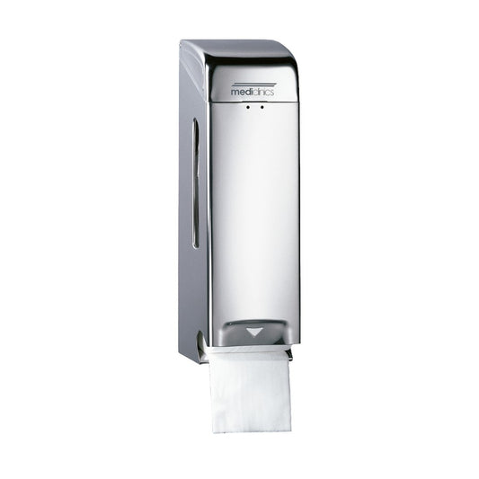 Hospeco stainless steel 3-roll toilet paper dispenser with a bright finish for public washrooms.