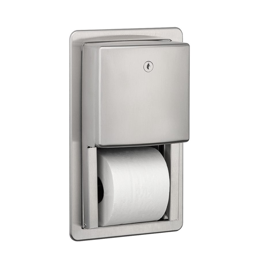 Hospeco semi-recessed stainless steel toilet paper dispenser for two rolls with a satin finish and locking mechanism.