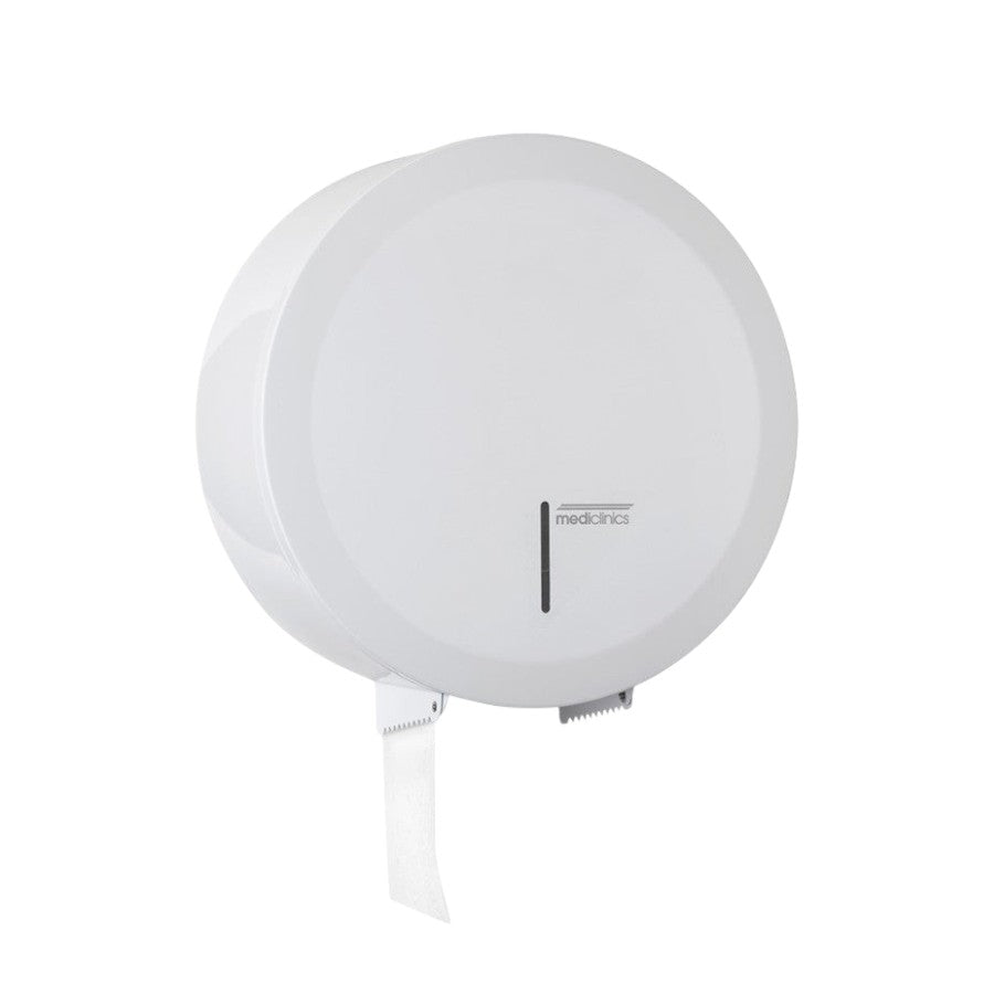 Hospeco circular industrial toilet paper dispenser in bright stainless steel for high-traffic public washrooms