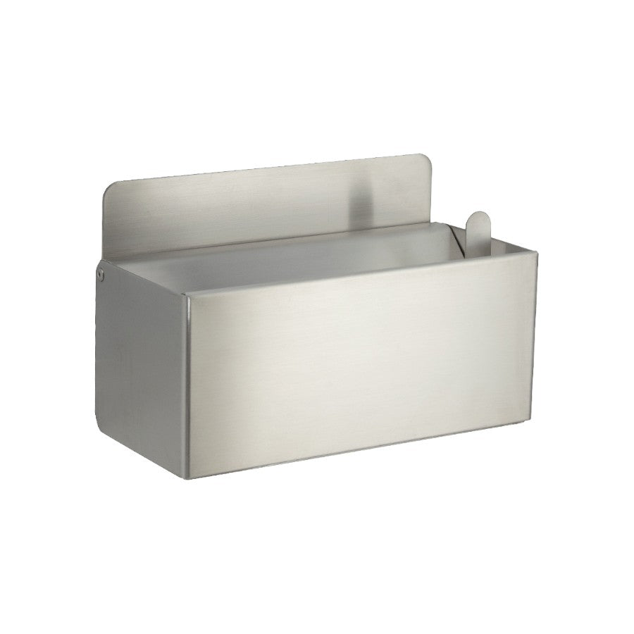 Hospeco wall-mounted large stainless steel ashtray with a satin finish and swing cover for public use.